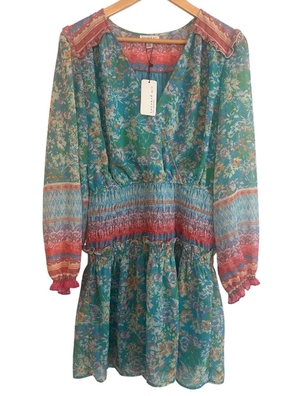 Current Air LA Aqua Fields Floral Smocked Long Sleeve Mini Dress NWT Medium